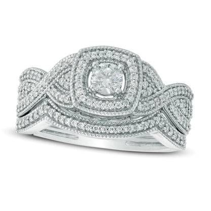 0.5 CT. Gesamtgewicht Diamant-Brautset mit quadratischem Rahmen und gedrehter Ringschiene in 10K Weißgold