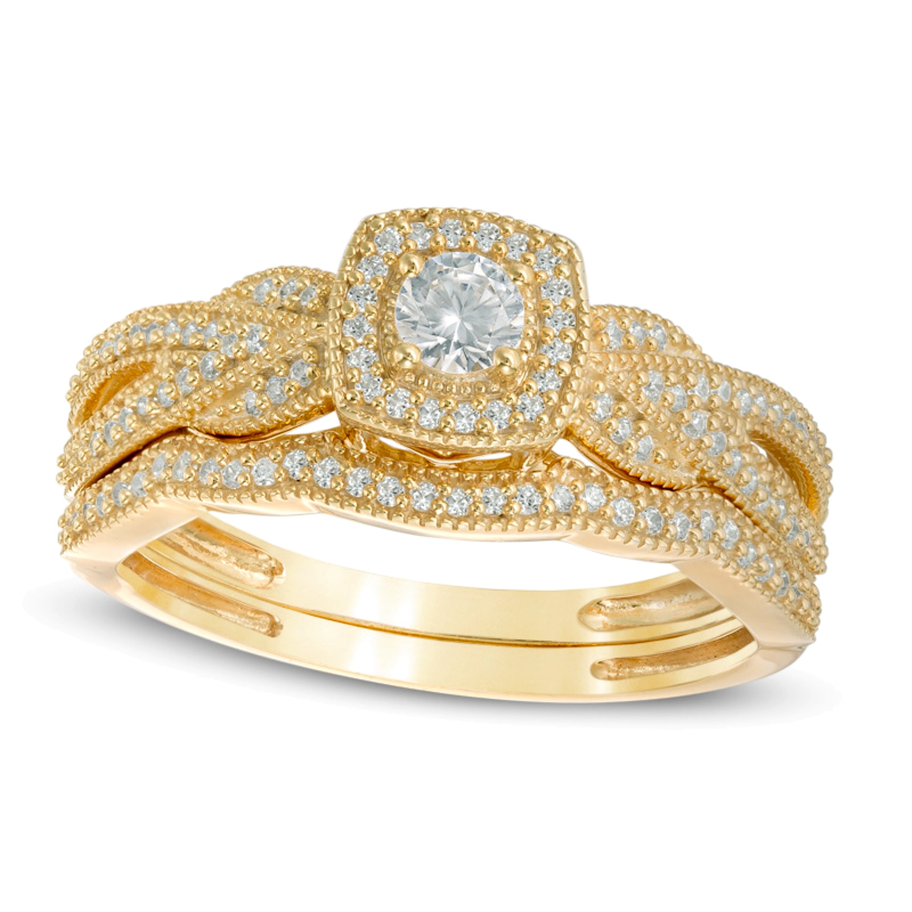 0.33 ct. Gesamtgewicht Diamant Brautset im Vintage-Stil mit Kissenschliff-Rahmen und gedrehter Schiene in 10K Gelbgold