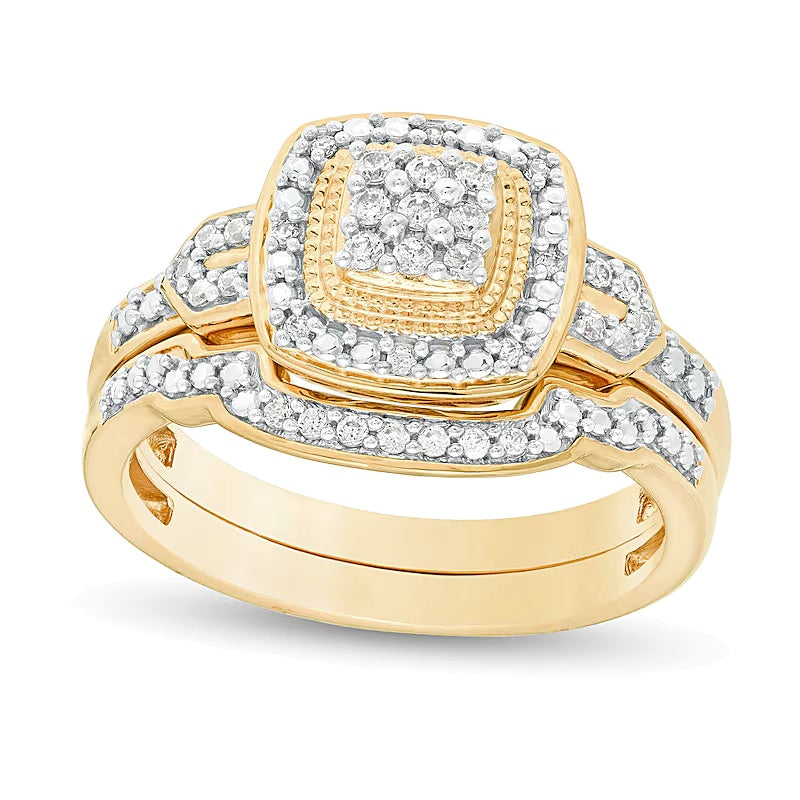 0,2 ct. Gesamtgewicht Komposit-Diamant Braut-Set im Vintage-Stil mit Kissenschliff-Rahmen aus 14K Weißgold