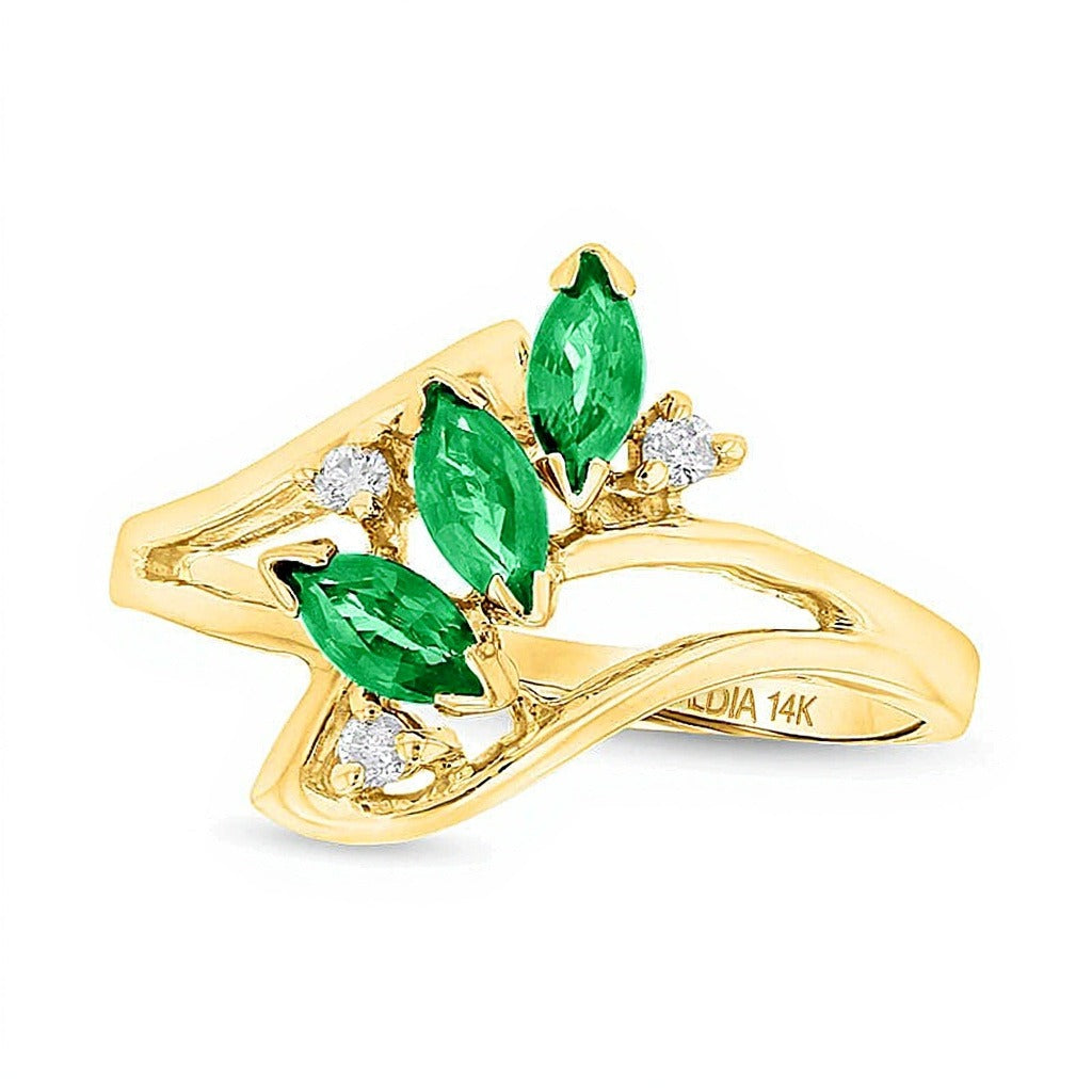 Dreistein-Bypass-Ring mit Marquise-Smaragd und Diamant-Besatz in 14K Gelbgold
