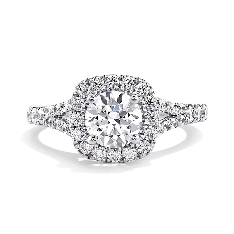 1.5 CT. Gesamtgewicht Labordiamant Verlobungsring mit Halo im Kissenschliff und geteiltem Ringschienen-Design in 14K Weißgold (G/SI2)