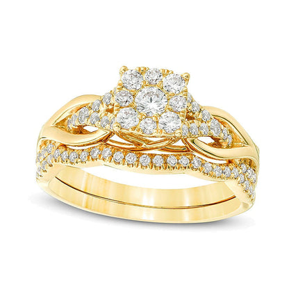 0,63 ct. Gesamtgewicht Diamant Brautset mit quadratischem Rahmen und geknotetem Ring in 14K Gelbgold