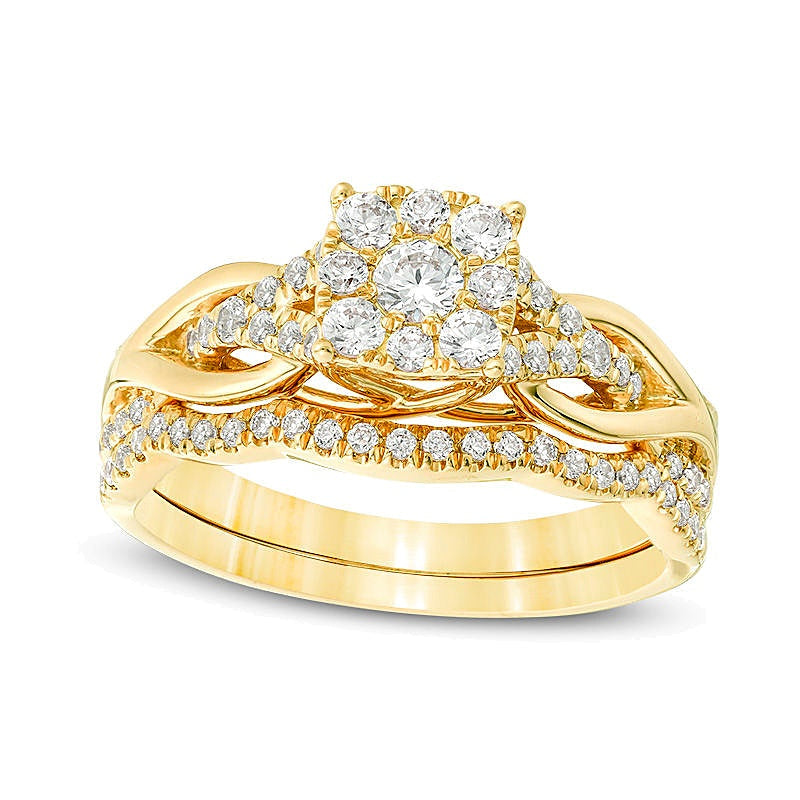 0,63 ct. Gesamtgewicht Diamant Brautset mit quadratischem Rahmen und geknotetem Ring in 14K Gelbgold