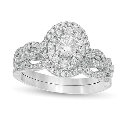 Braut-Set mit Diamanten in rund und oval, 1.0 ct. Gesamtgewicht, doppeltem ovalem Rahmen und gedrehter Ringschiene in 10K Weißgold