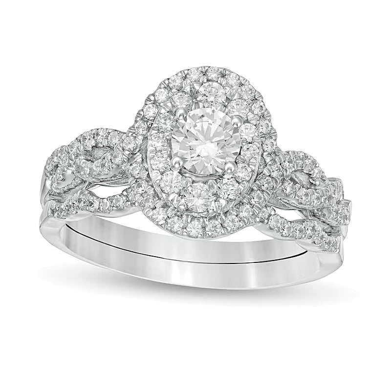 Braut-Set mit Diamanten in rund und oval, 1.0 ct. Gesamtgewicht, doppeltem ovalem Rahmen und gedrehter Ringschiene in 10K Weißgold