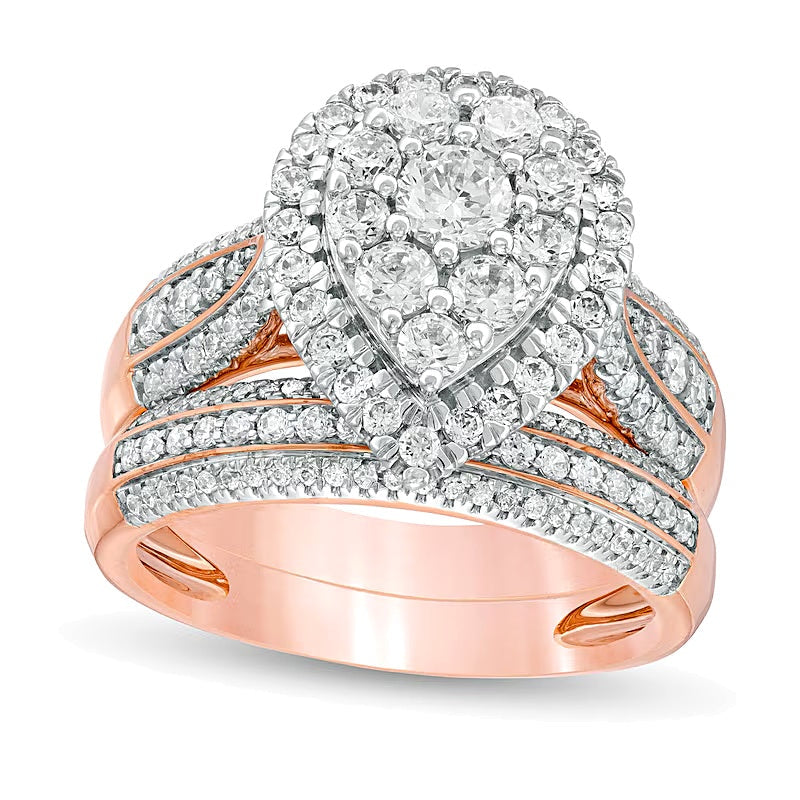 Braut-Set mit Diamanten in Tropfen- und Rundschliff 1.5 ct. Gesamtgewicht in 10K Roségold