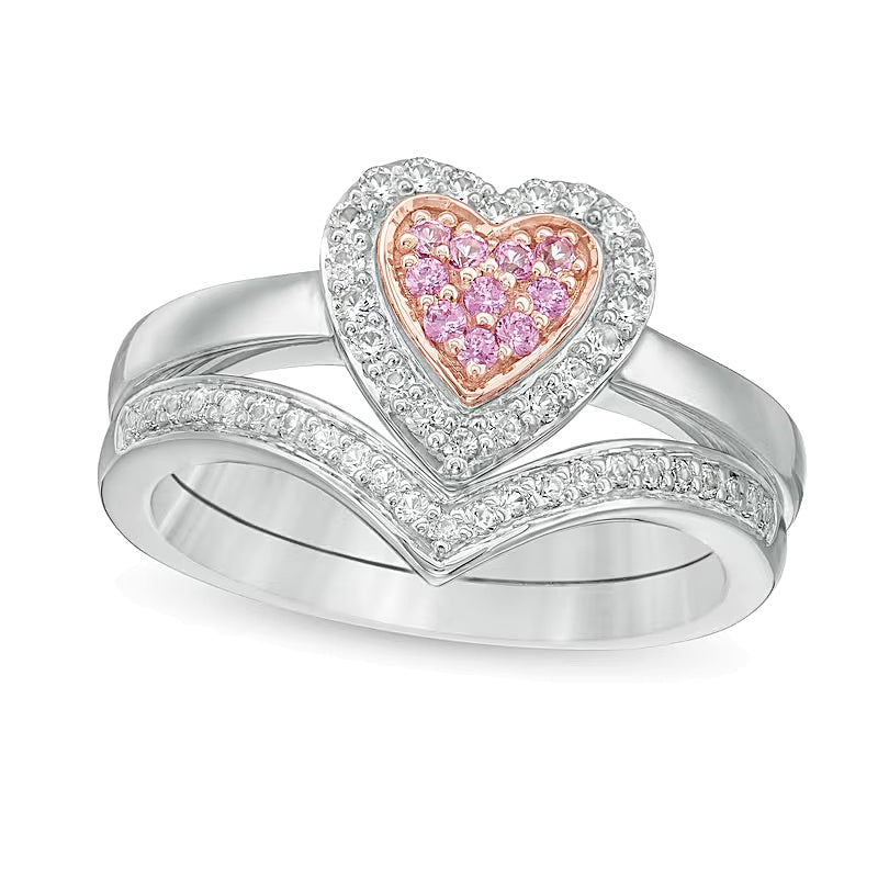Braut-Set Komposit mit rosa und weißen Saphiren im Rund- und Herzschliff, Labor-kreiert, in Sterlingsilber und 10K Roségold
