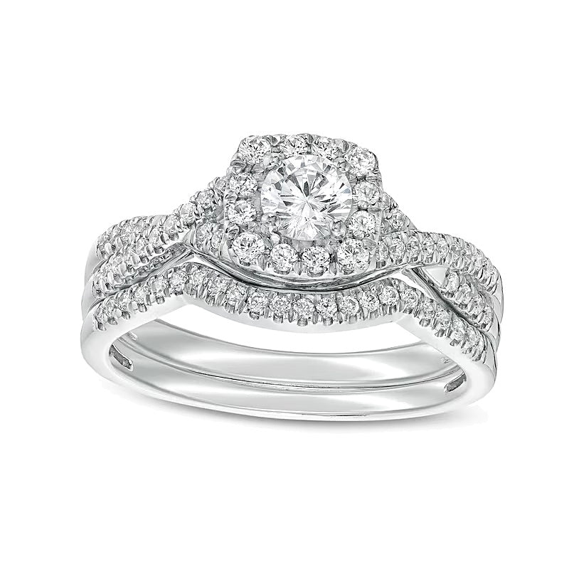 0.75 ct. Gesamtgewicht Diamant-Brautset mit Kissenschliff-Rahmen und gedrehter Ringschiene in 14K Weißgold (I/I2)