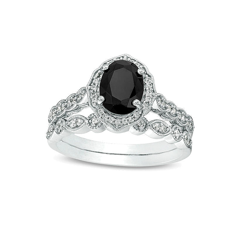 Braut-Set mit ovalem schwarzem Saphir und Diamanten 0,2 ct. Gesamtgewicht im Vierpass-Rahmen im Vintage-Stil in 10K Weißgold