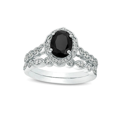 Braut-Set mit ovalem schwarzem Saphir und Diamanten 0,2 ct. Gesamtgewicht im Vierpass-Rahmen im Vintage-Stil in 10K Weißgold