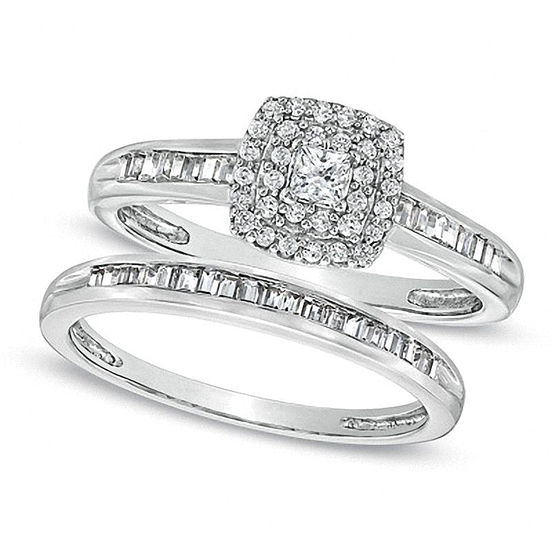 0,5 ct. Gesamtgewicht Brautset mit Diamanten im Princess- und Rundschliff in 10K Weißgold