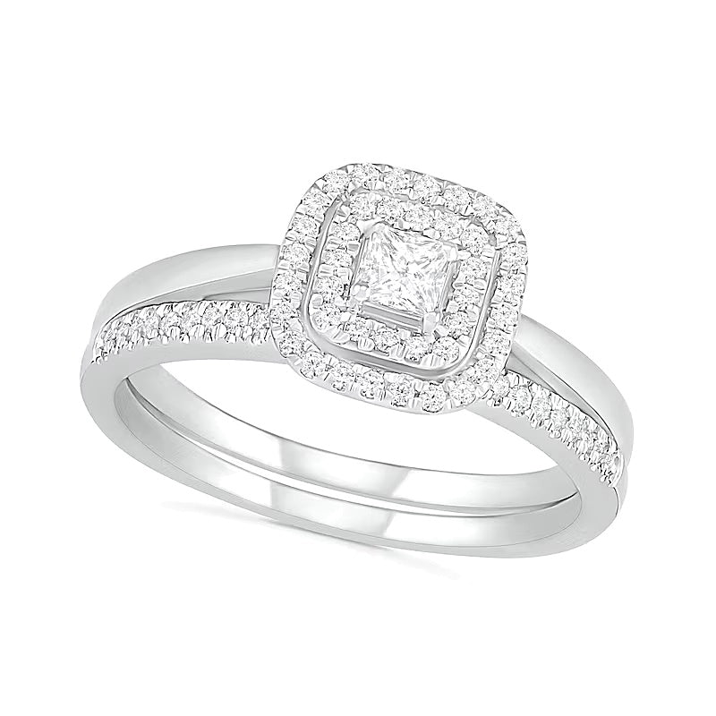 Braut-Set mit Diamanten im Princess-, Rund- und Kissenschliff und doppeltem Kissen-Rahmen in 10K Weißgold, 0.38 ct. Gesamtgewicht