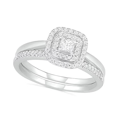 Braut-Set mit Diamanten im Princess-, Rund- und Kissenschliff und doppeltem Kissen-Rahmen in 10K Weißgold, 0.38 ct. Gesamtgewicht