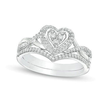 Braut-Set mit Diamanten im Herz-Rahmen 0.2 ct. Gesamtgewicht in 10K Weißgold