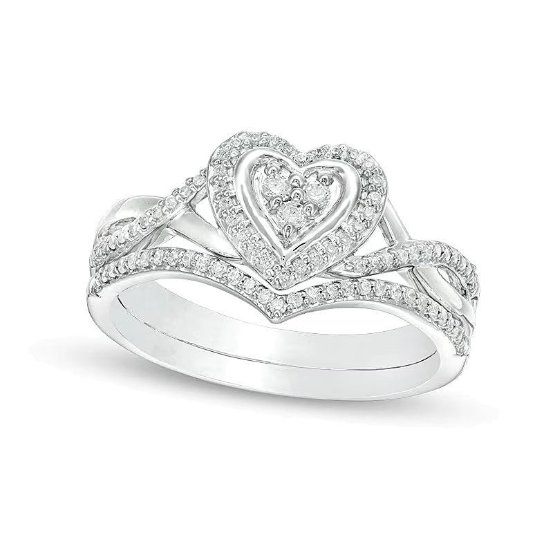 Braut-Set mit Diamanten im Herz-Rahmen 0.2 ct. Gesamtgewicht in 10K Weißgold