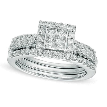 Braut-Set mit Princess- und rund geschliffenen Diamanten 1.25 ct. Gesamtgewicht in 14K Weißgold