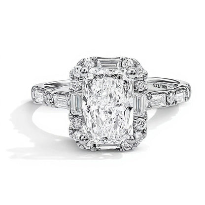 2.63 CT. Gesamtgewicht Verlobungsring mit Labordiamanten im Radiant- und Baguette-Schliff in 14K Weißgold, Halo (F/VS2)