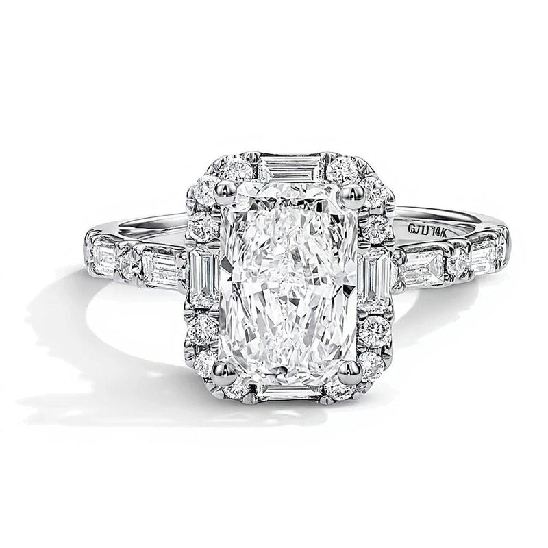 2.63 CT. Gesamtgewicht Verlobungsring mit Labordiamanten im Radiant- und Baguette-Schliff in 14K Weißgold, Halo (F/VS2)
