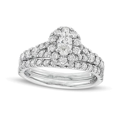 1,5 ct. Gesamtgewicht Brautset mit ovalem Diamant, Halo und geteilter Schiene in 10K Weißgold