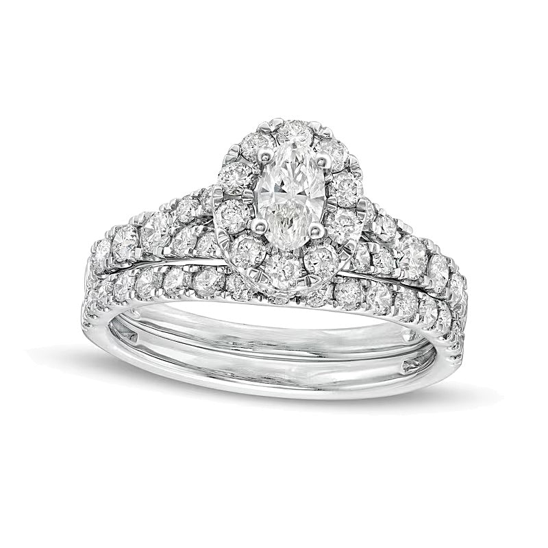 1,5 ct. Gesamtgewicht Brautset mit ovalem Diamant, Halo und geteilter Schiene in 10K Weißgold