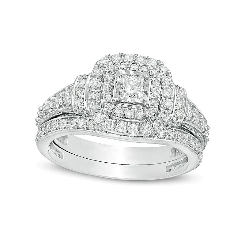 Braut-Set mit Diamanten im Princess- und Rundschliff, Vintage-Stil mit doppeltem Rahmen, 1.0 ct. Gesamtgewicht in 10K Weißgold