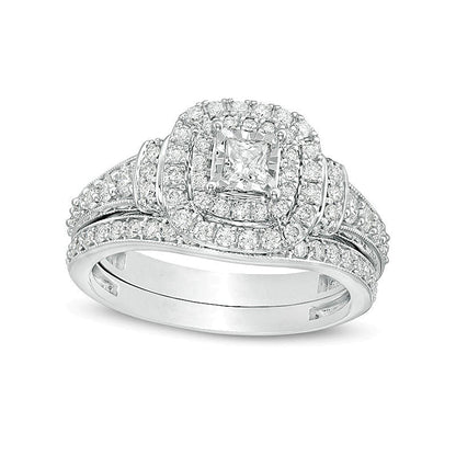 Braut-Set mit Diamanten im Princess- und Rundschliff, Vintage-Stil mit doppeltem Rahmen, 1.0 ct. Gesamtgewicht in 10K Weißgold