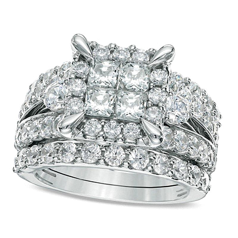 4.0 ct. Gesamtgewicht Brautset mit Diamanten im Princess- und Rundschliff in 14K Weißgold