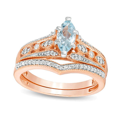 Braut-Set mit Aquamarin im Marquise-Schliff und Diamanten 0,2 ct. Gesamtgewicht in 10K Roségold