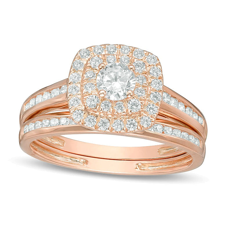 0.75 ct. Gesamtgewicht Diamant Braut-Set mit doppeltem Kissenschliff-Rahmen und Kanalfassung in 10K Roségold