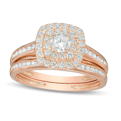 0.75 ct. Gesamtgewicht Diamant Braut-Set mit doppeltem Kissenschliff-Rahmen und Kanalfassung in 10K Roségold