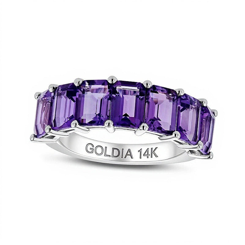 Memoire-Ring mit sieben Amethysten im Smaragdschliff in 14K Weißgold