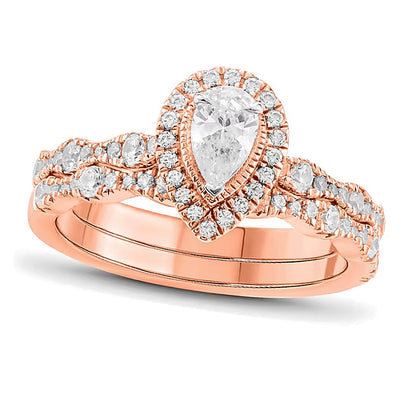 1.0 CT. Gesamtgewicht Diamant-Brautset im Art-Déco-Vintage-Stil mit tropfenförmigem Rahmen in 14K Roségold