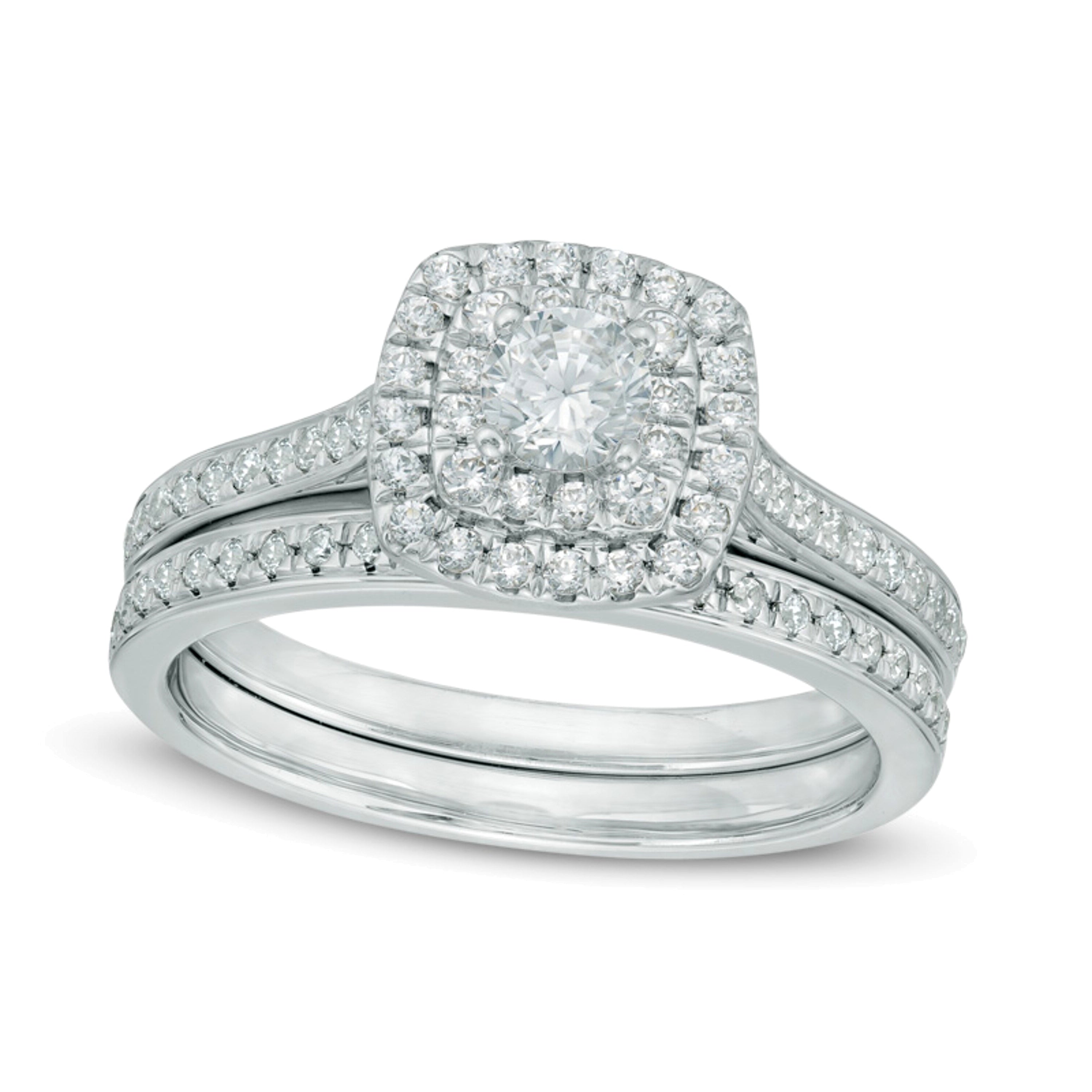 0.75 ct. Gesamtgewicht Diamant Brautset mit doppeltem quadratischem Rahmen in 10K Weißgold