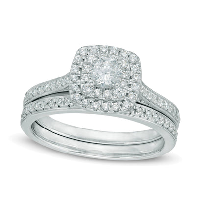 0.75 ct. Gesamtgewicht Diamant Brautset mit doppeltem quadratischem Rahmen in 10K Weißgold