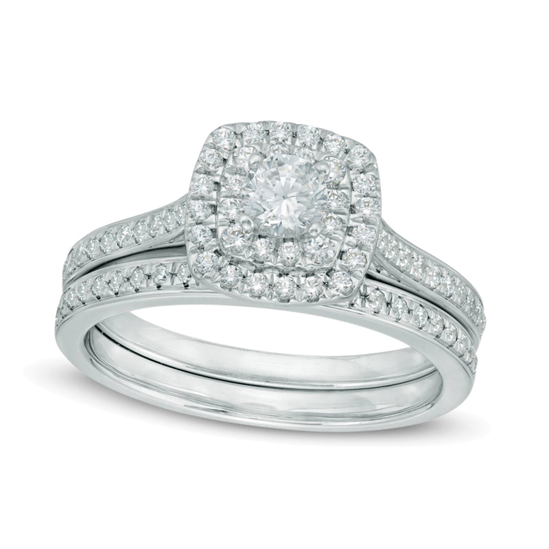 0.75 ct. Gesamtgewicht Diamant Brautset mit doppeltem quadratischem Rahmen in 10K Weißgold