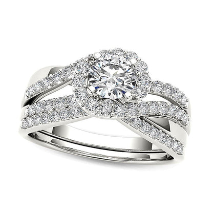 1.0 ct. Gesamtgewicht Diamant Swirl Bypass Brautset in 14K Weißgold