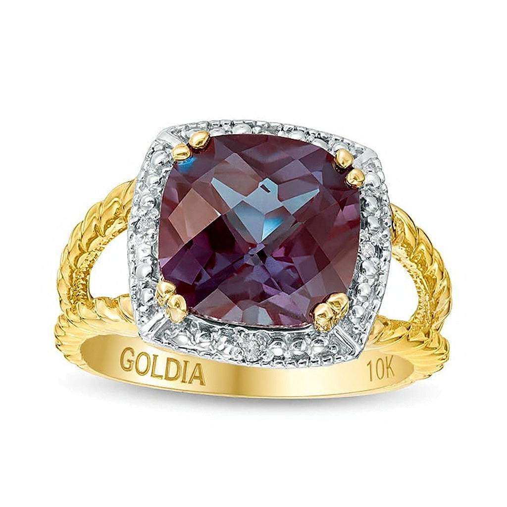 10.0mm Alexandrit im Kissenschliff und Diamant Halo Ring in 10K Gelbgold