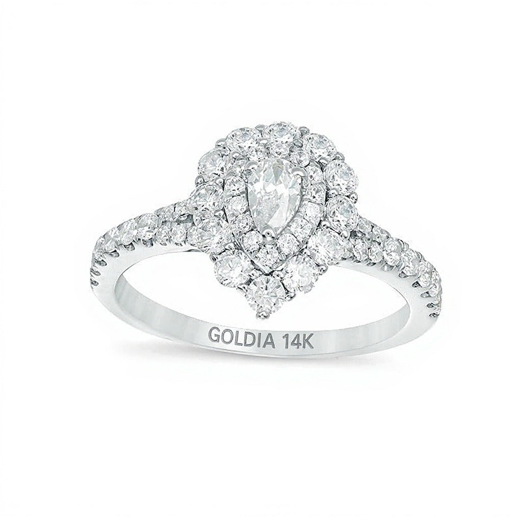 Verlobungsring mit Halo, tropfenförmigem und rundem Diamant, 1.0 CT. Gesamtgewicht, in 14K Weißgold