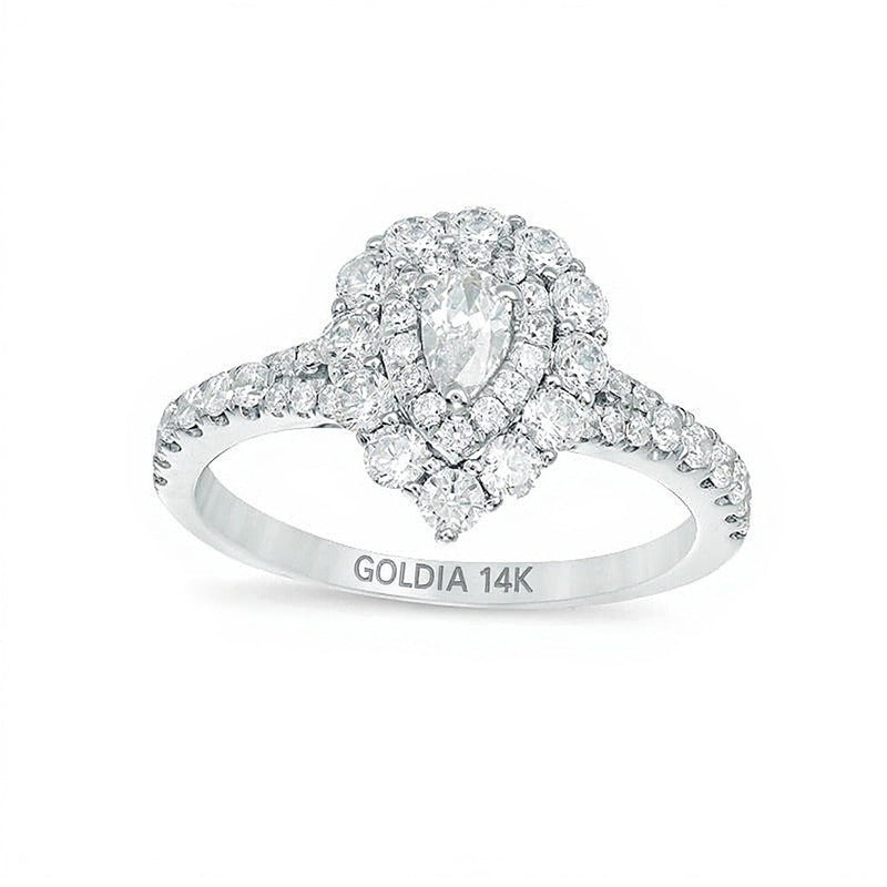 Verlobungsring mit Halo, tropfenförmigem und rundem Diamant, 1.0 CT. Gesamtgewicht, in 14K Weißgold