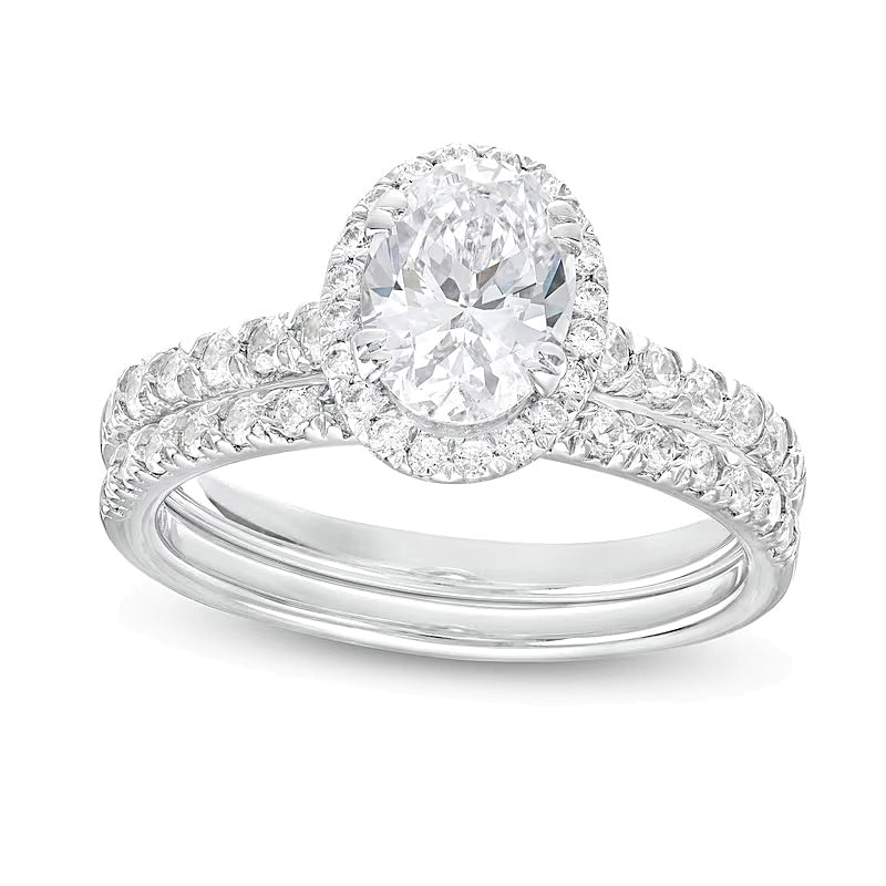 1.75 CT. Gesamtgewicht Braut-Set mit ovalem Labordiamant und Halo in 14K Weißgold (I/SI2)