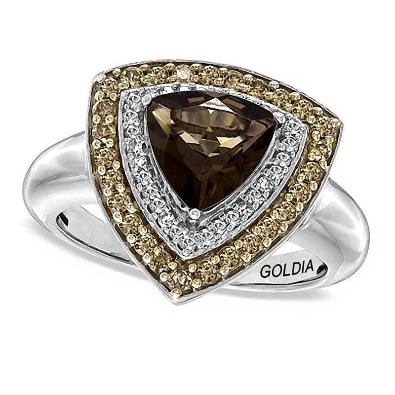 Ring mit Rauchquarz im Trillion-Schliff und 0,5 ct. Gesamtgewicht behandelten Champagner- und weißen Diamanten in rhodiniertem Sterlingsilber