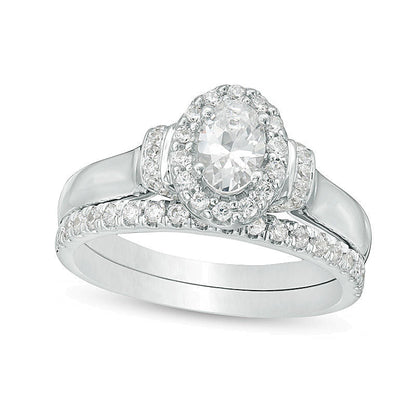 Braut-Set mit ovalem Diamant und Halo, 1.0 ct. Gesamtgewicht, in 14K Weißgold
