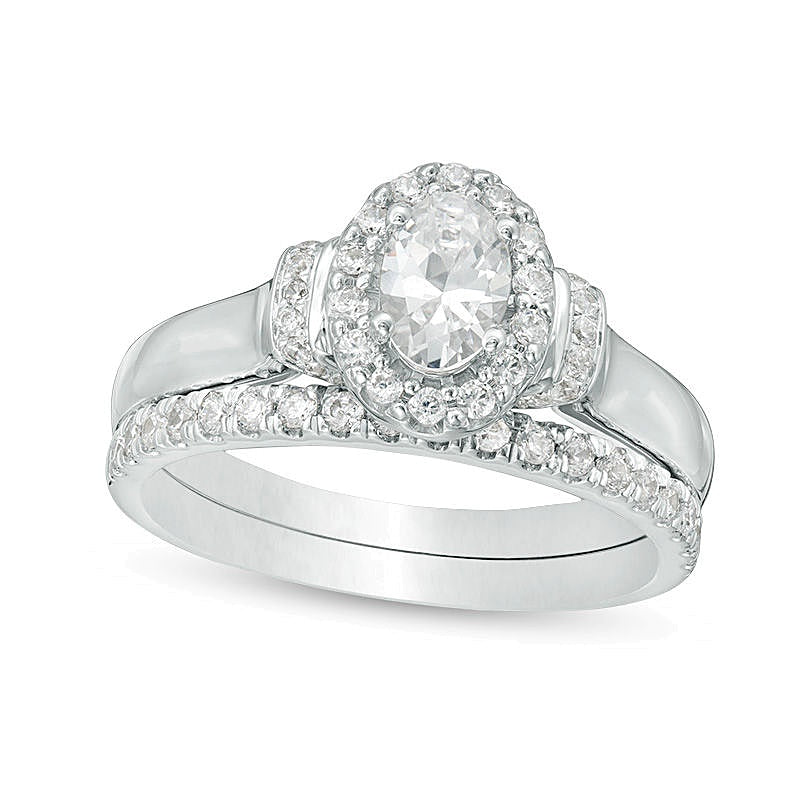 Braut-Set mit ovalem Diamant und Halo, 1.0 ct. Gesamtgewicht, in 14K Weißgold
