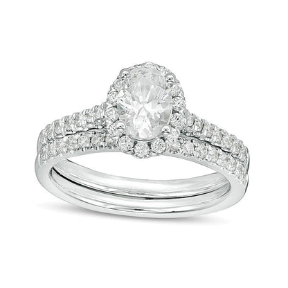 1.2 CT. Gesamtgewicht Braut-Set mit ovalem Diamant-Mittelstein und Halo aus 14K Weißgold (I/SI2)