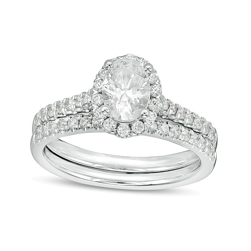 1.2 CT. Gesamtgewicht Braut-Set mit ovalem Diamant-Mittelstein und Halo aus 14K Weißgold (I/SI2)