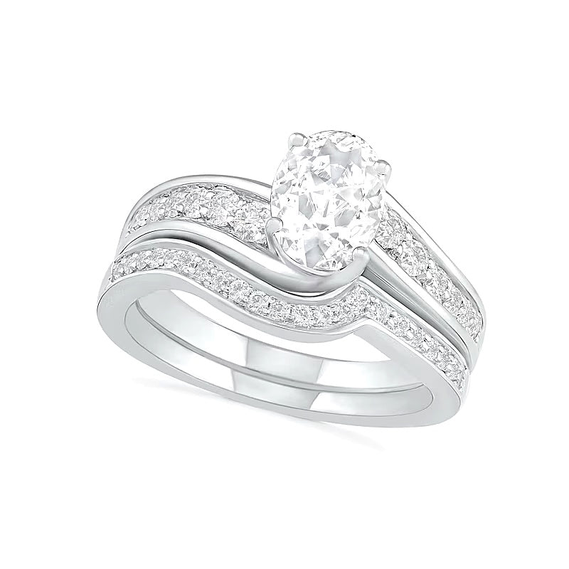 Braut-Set mit ovalem weißem Labor-Saphir in rhodiniertem Sterlingsilber