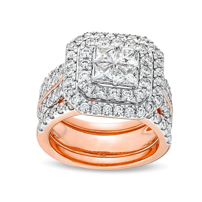 Braut-Set mit Diamanten im Princess- und Rundschliff, Komposit-Fassung, dreiteilig, in 14K Roségold