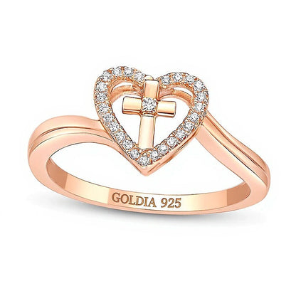 Diamant-Ring Herz mit Kreuz im Bypass-Design 0.07 ct. Gesamtgewicht in 18K Roségold auf Sterlingsilber