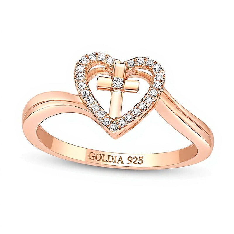 Diamant-Ring Herz mit Kreuz im Bypass-Design 0.07 ct. Gesamtgewicht in 18K Roségold auf Sterlingsilber