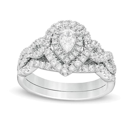 Braut-Set mit Diamanten im Tropfen- und Rundschliff 1.0 CT. Gesamtgewicht, doppelter Halo und gedrehter Schiene, 14K Weißgold